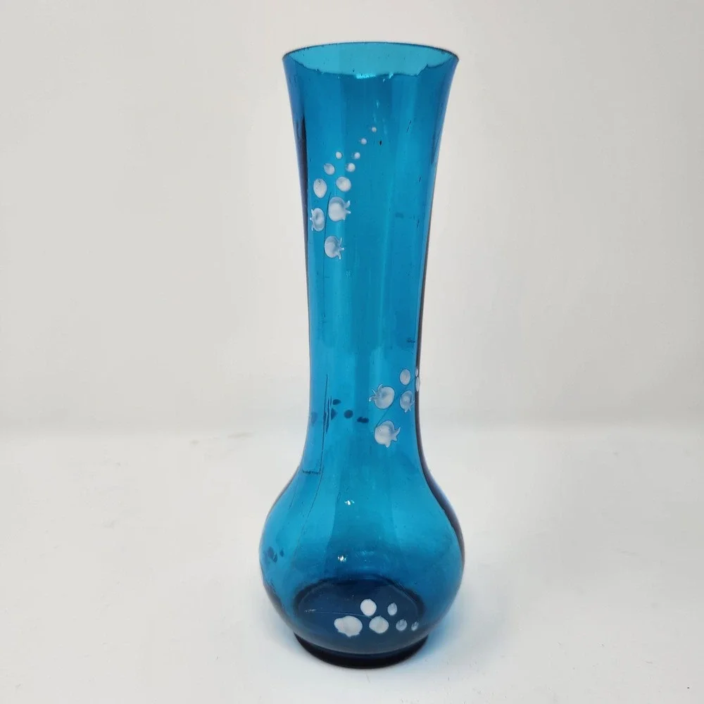 Vintage Small Dainty Blue Turquoise Glass Vase Vases Bulbous Hand Painted 7-5/8